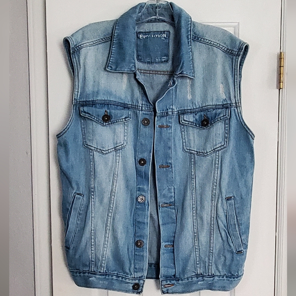 Evolution In Design Distressed Blue Denim Men's Jacket. Large. - Picture 2 of 9
